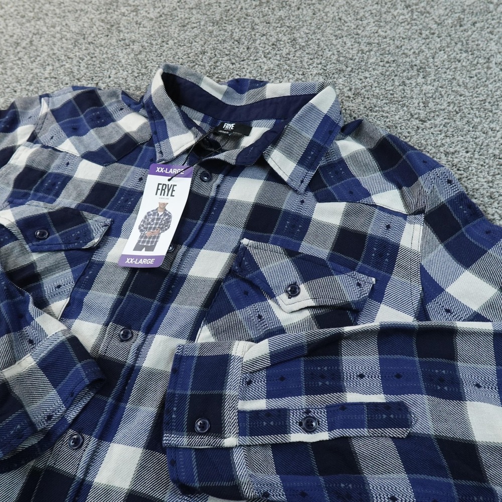 NEW Frye Shirt Mens 2XL Blue Plaid Long Sleeve Jacquard Flannel Button Up Casual